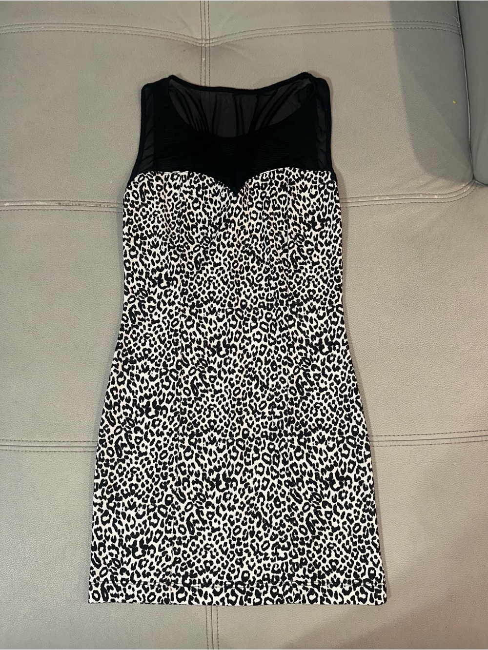 Dots Black and White Leopard Print Mini Dress with Sheer Yoke
